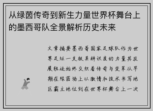 从绿茵传奇到新生力量世界杯舞台上的墨西哥队全景解析历史未来