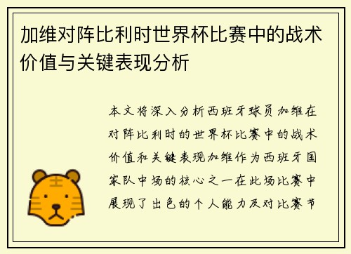 加维对阵比利时世界杯比赛中的战术价值与关键表现分析